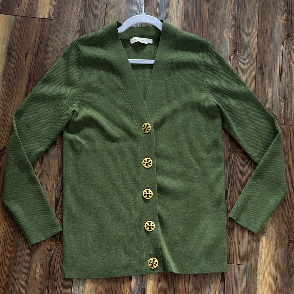 Tory Burch Green Merino mix Cardigan with Gold Buttons XL
